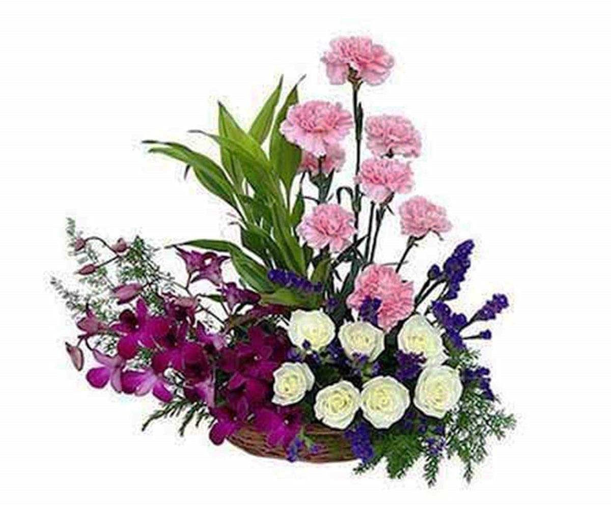 The FloralMart® Valentine's Day Special Fresh Flowers Basket of 08 Pink Carnation, 07 White Roses & 10 Orchids & Fillers || TFM Fresh Flowers-picture-48