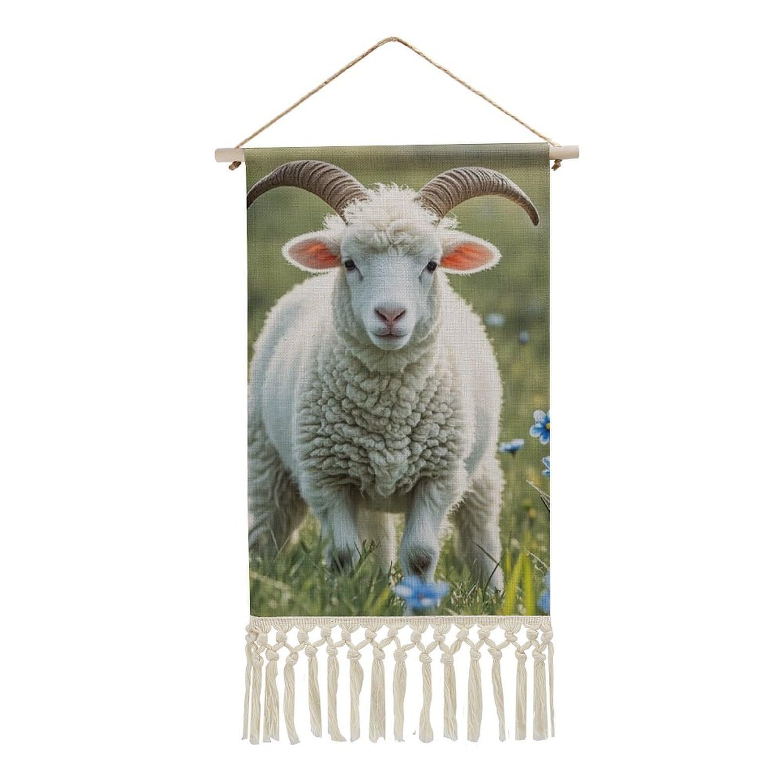 FekiLoot Sheep Wall Art Poster Hanger Frame Vertical Tassel Tapestry Cotton Linen Hanging Poster Decorative Wall Art Prints Vintage Wall Art Decor for Home Bedroom Living Room Office