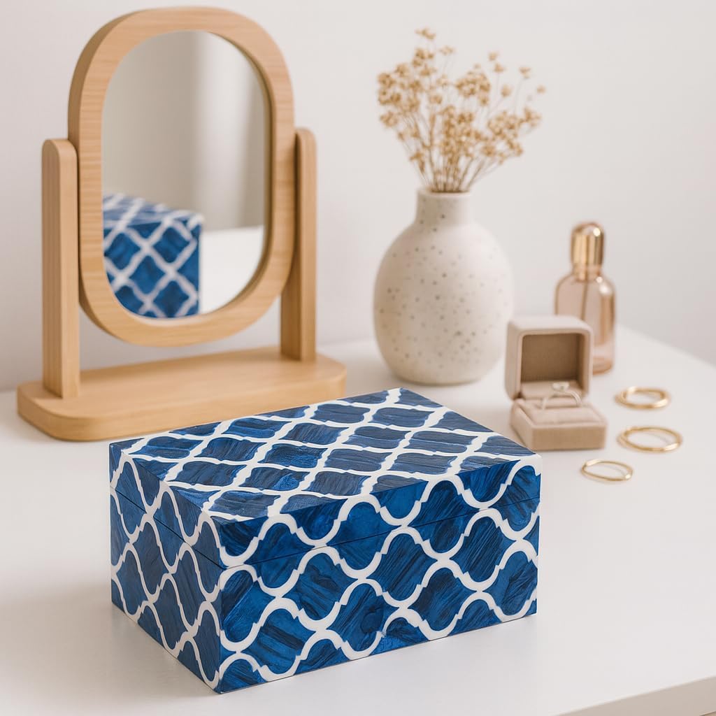 collectiblesBuy Handcrafted Blue White Decorative Storage Box Multipurpose Jewelry Organizer Rectangular Keepsake for Bathroom Kitchen Home Decor Accent