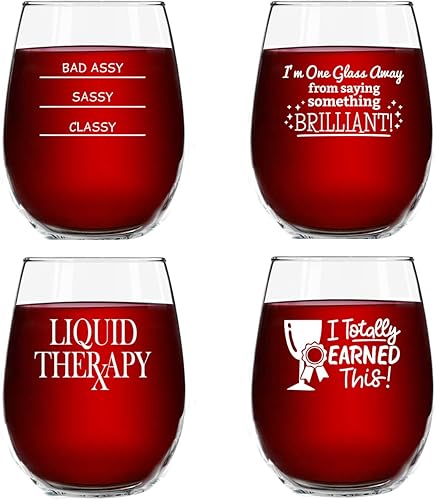 Juego de 4 copas de vino divertidas sin tallo (15 onzas), divertido regalo de copa de vino para mujeres, fiesta, evento, diversión de anfitrión,