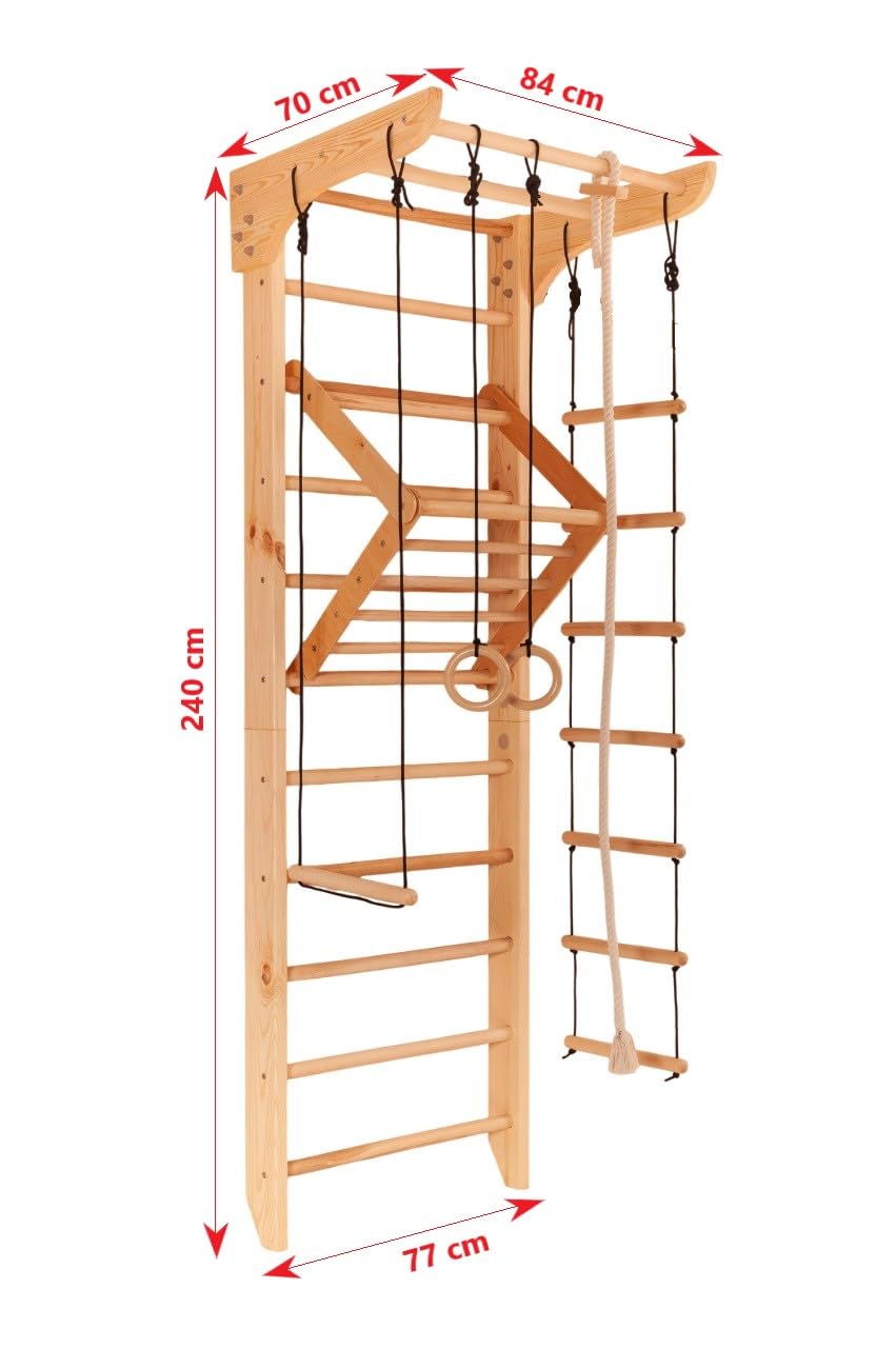 Sportgerät Kletterwand Klettergerüst Fitness Kinder-4-240-BLACK Rope Holz Sprossenwand mit Stange Turnwand Kinder Gym, EU-Warenlager, Zertifikat!