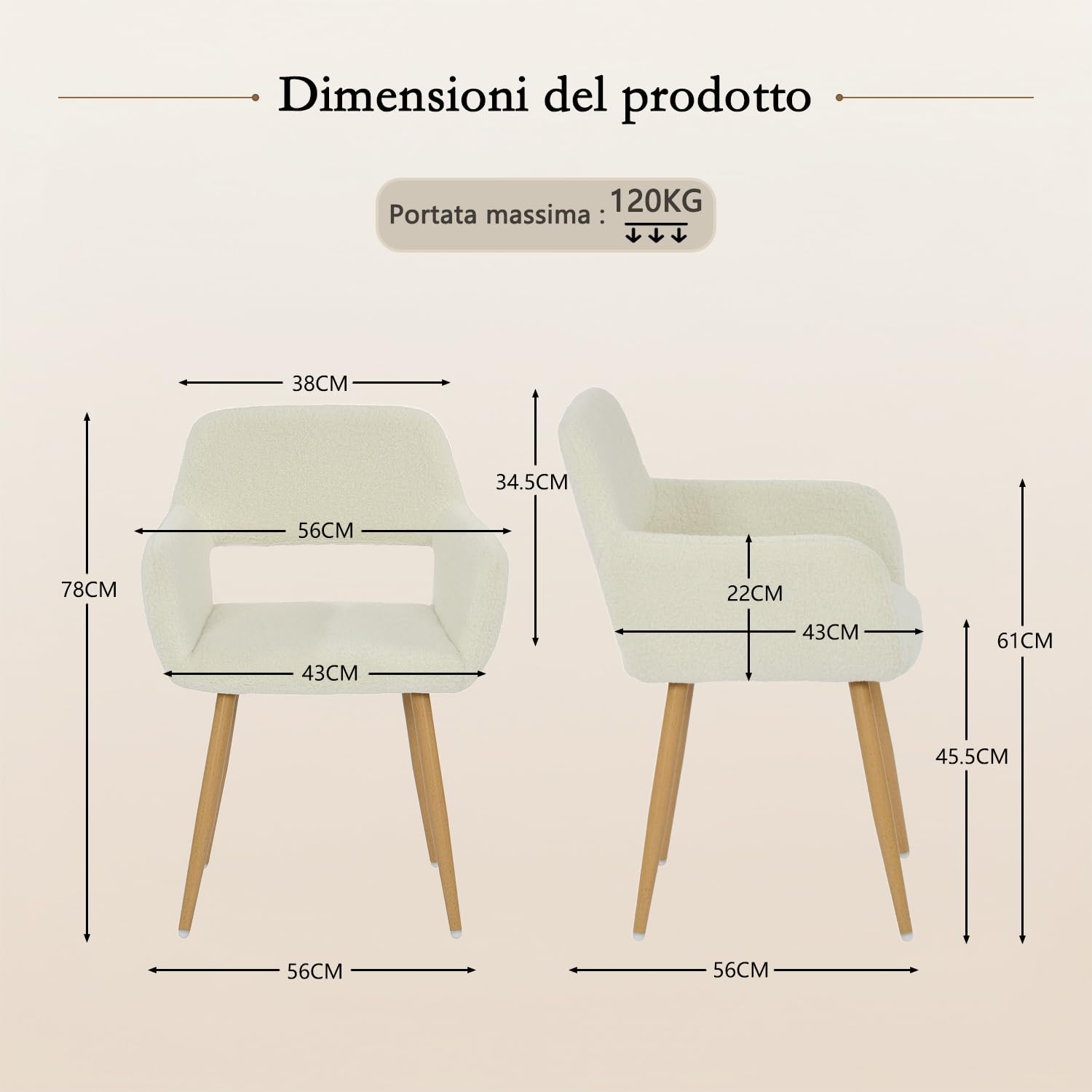 MEUBLE COSY Set di 2 Sedie da Pranzo Poltrona Imbottito con Schienale Braccioli in Tessuto Sherpa Gambe in metallo per Cucina Sala Soggiorno