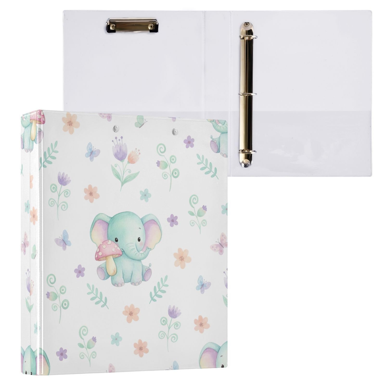 Confezione da 2 raccoglitori ad anelli con 3 anelli, motivo elefante pastello color foglia di tè, con portablocco, grandi raccoglitori a 3 anelli, per scuola, università, ufficio