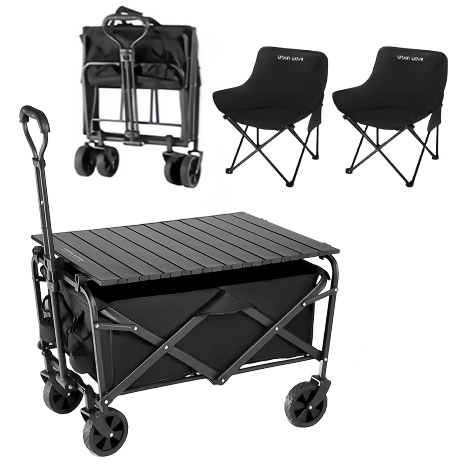 Faltbar Alle Gelände Bollerwagen | Robuster Zusammenklappbarer Wagen | Faltbarer Gartenwagen | Strandwagen | Geländegängiger Festival-Trolley (Mit Tisch Und Stühlen Schwarz)