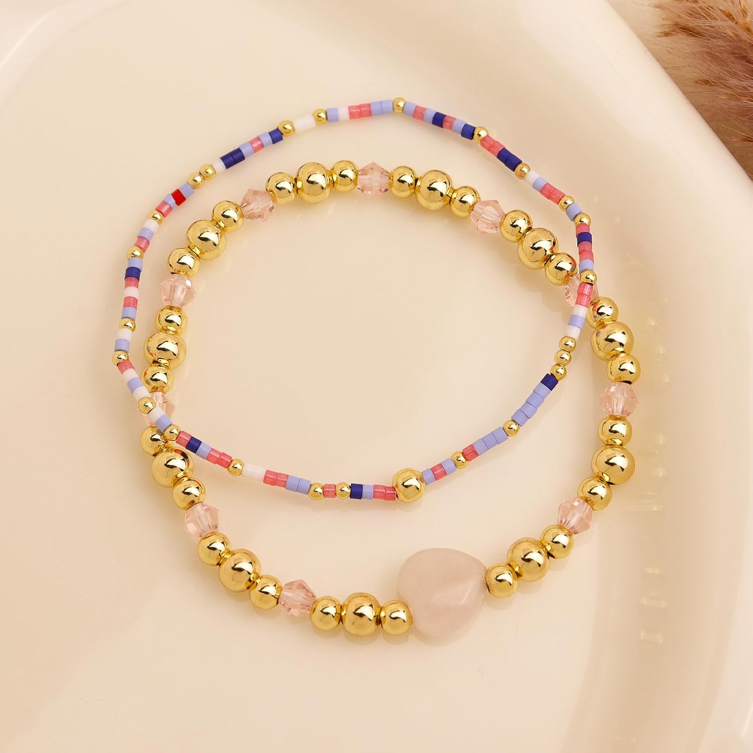 Gold Beaded Bracelets Stack Set for Women, 2Pcs Handmade Adjustable Rainbow Beads Bracelet Outfit Accessories Jewelry Gift. - Image 4