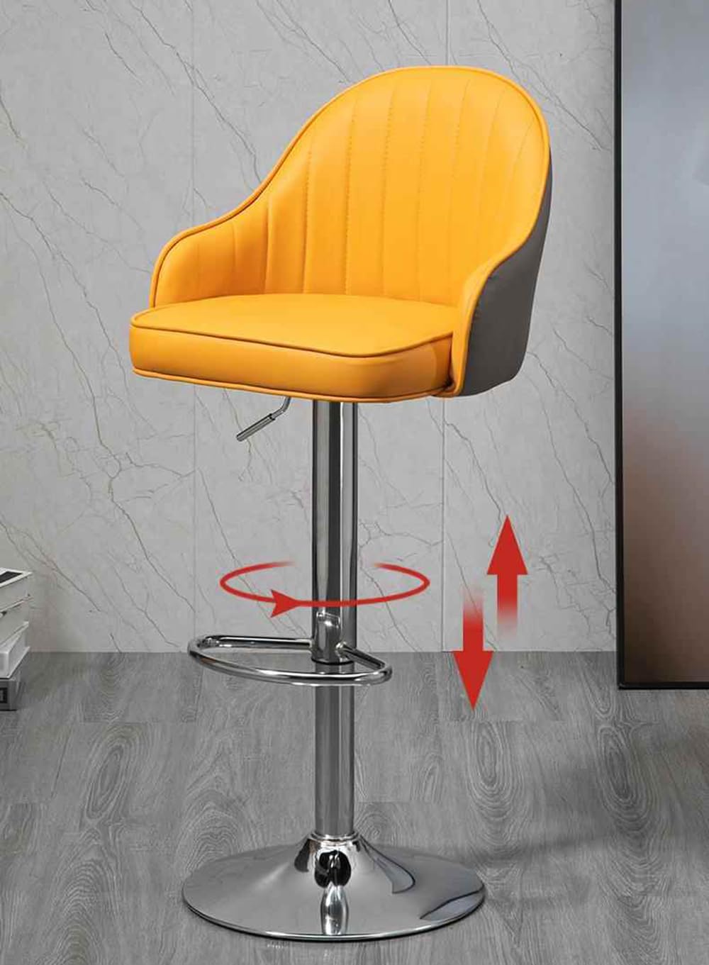 Sgabello da bar girevole, altezza regolabile con seduta e schienale imbottiti in pelle, per cucina, pub o caffetteria, da 64 a 84 cm