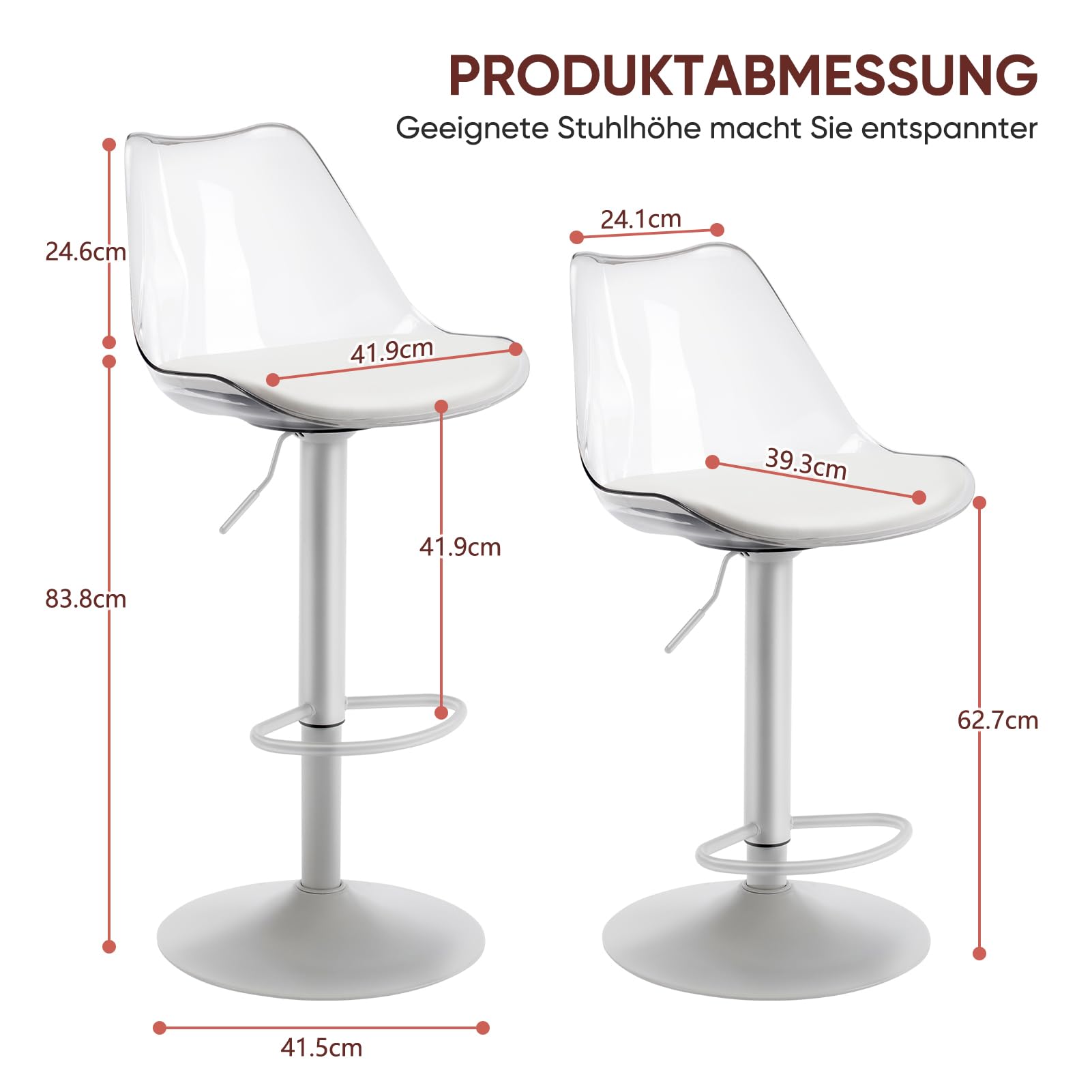 Lot de 4 tabourets de bar transparents réglables en hauteur, pivotants à 360°, avec dossier ergonomique et repose-pieds – Chaises hautes modernes pour cuisine, salle à manger et bar (Blanc)