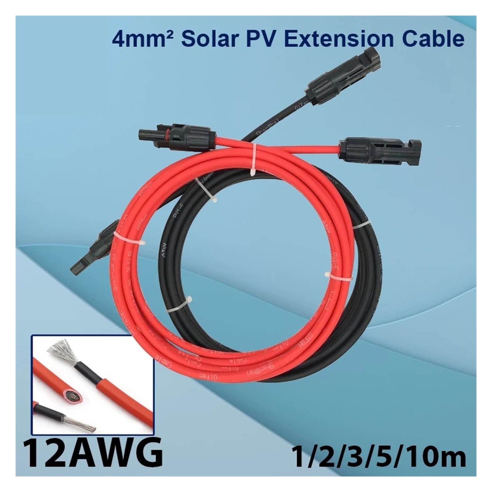 Kable solarne Przedłużacz fotowoltaiczny ze złączem MC, przewód 4 mm2 12 AWG, kabel PV TUV do paneli fotowoltaicznych, czerwona i czarna osłona (czarny, 10M_12 AWG-4MM2)