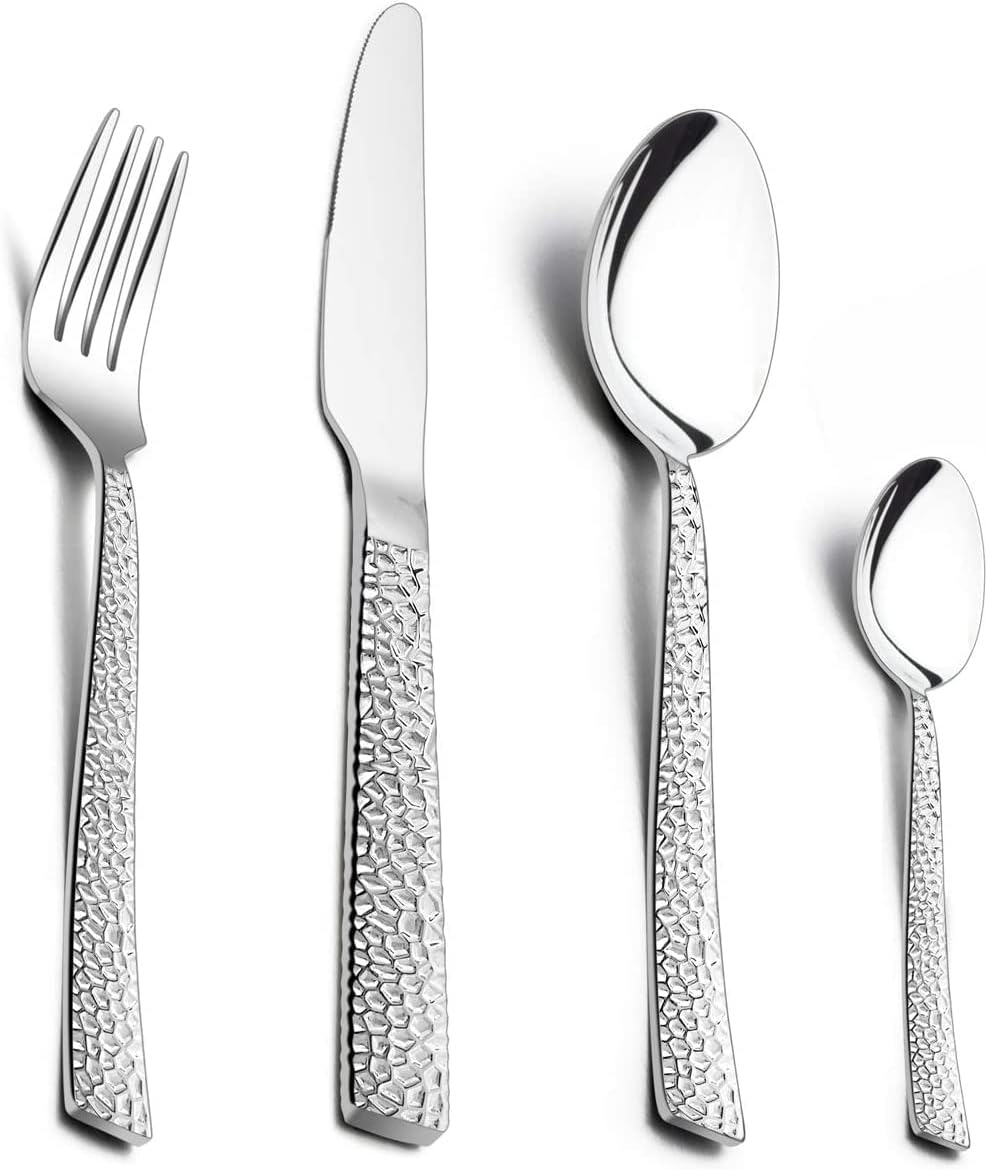 HaWare 24 Pieces Cutlery Set, Stainless Steel Hammered Flatware Silverware Include Knife Fork Spoon, Service for 6, Mirror Polish & Dishwasher Safe, Home/Kitchen/Party