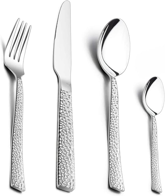 16 Pieces Cutlery Set, HaWare Stainless Steel Hammered Flatware Cutlery Silverware for Home/Office/Party/Camping, Knife Fork Spoon Eating Utensils Set Service for 4, Mirror Polish & Dishwasher Safe