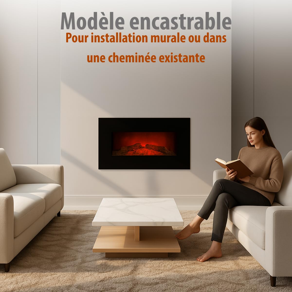 Cheminée Électrique Memphis – Cheminée Décorative Murale 1800W avec Chauffage et Effet Flamme LED – Poêle Électrique avec Télécommande, Minuterie et Protection Surchauffe – Noir