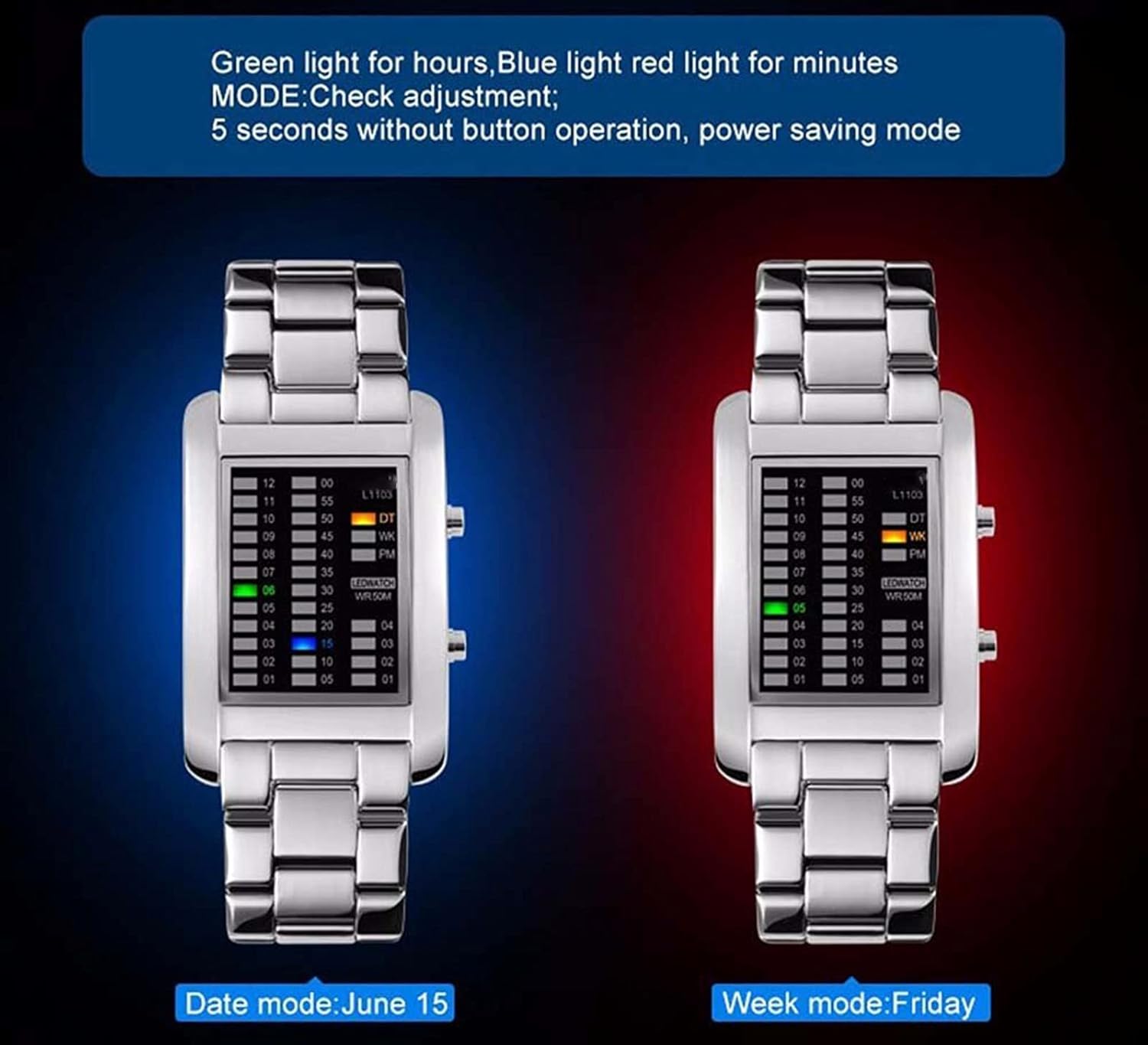FANMIS Lovers Watch Waterproof Men Women Steel Red Binary Luminous LED Electronic Display Date Sport Watches (Silver Men B)