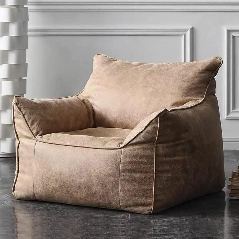 Bean Bag Chair Bean Bag Cover Without Filler Single Sofa Covers Retro Faux Suede Leather Bean Bag Chair Ottoman Puff Salon Footstool Sectional Couch Sac Pouf Chair For Living Room Garden(Beige)