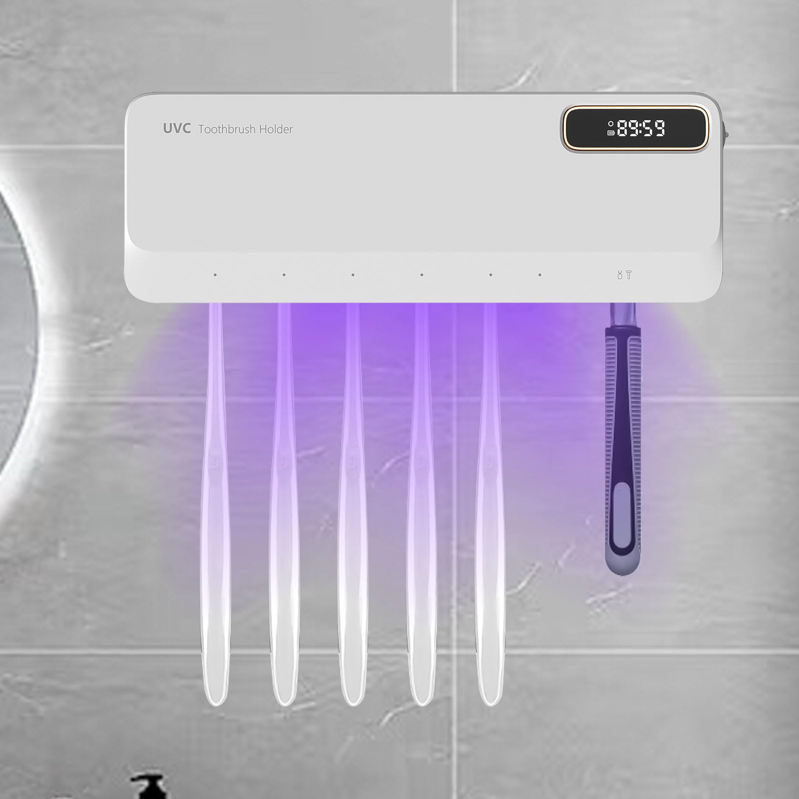 Cepillo de Dientes Desinfectante UV con 7 Ranuras, USB Recargable Esterilizador Cepillo Dientes de Pared, Soporte para Cepillo De Dientes De Baño Montado En La Pared, Carga De 2000 Mah (Blanco)