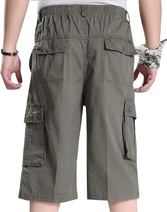 Mens Cotton Loose Drawstring Cargo Short with Full Elastic Waist