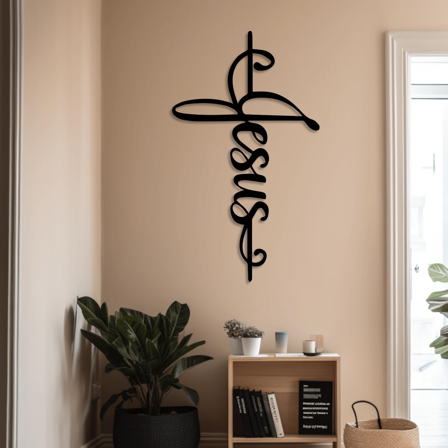 XXQ Letrero de pared de Jesús, cruz de metal, decoración espiritual de metal grande para el hogar, cruz colgante religiosa, decoración de pared de metal para sala de estar y dormitorio (plata, 51 x 76