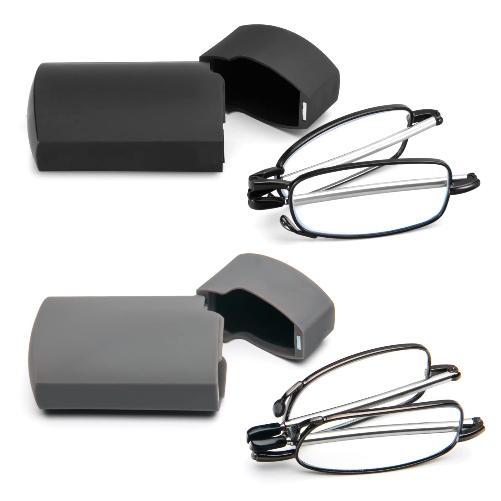 prtcslwd 2 Pack Folding Reading Glasses Stainless Steel Mini Anti-Blue Light Blocking Reader for Men Women (2 Pack?black+gray?, 2, Diopters)