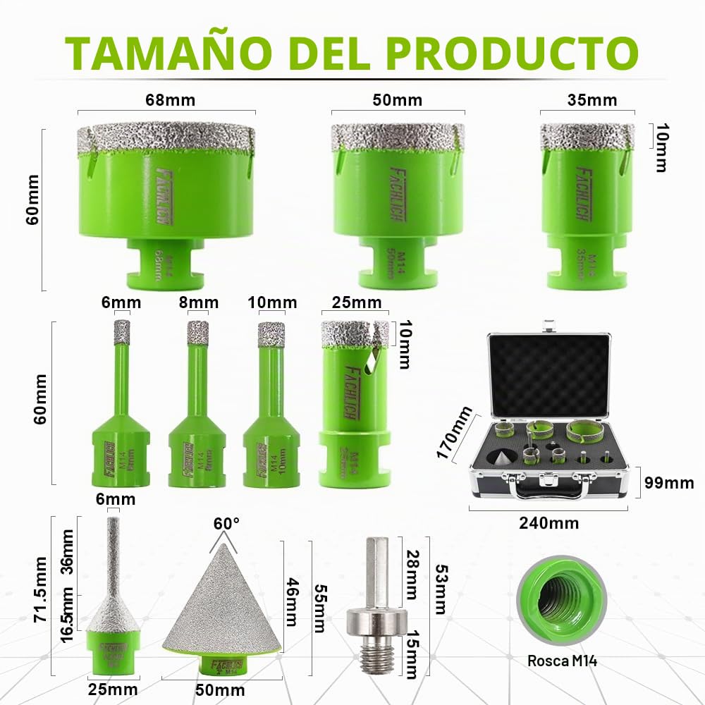 Brocas de Diamante 6/8/20/25/35/50/68MM 10 Piezas/Juego y 6-25mm and 50mm Fresa y Adaptador para Perforación en Seco Porcelana Azulejo Granito Mármol