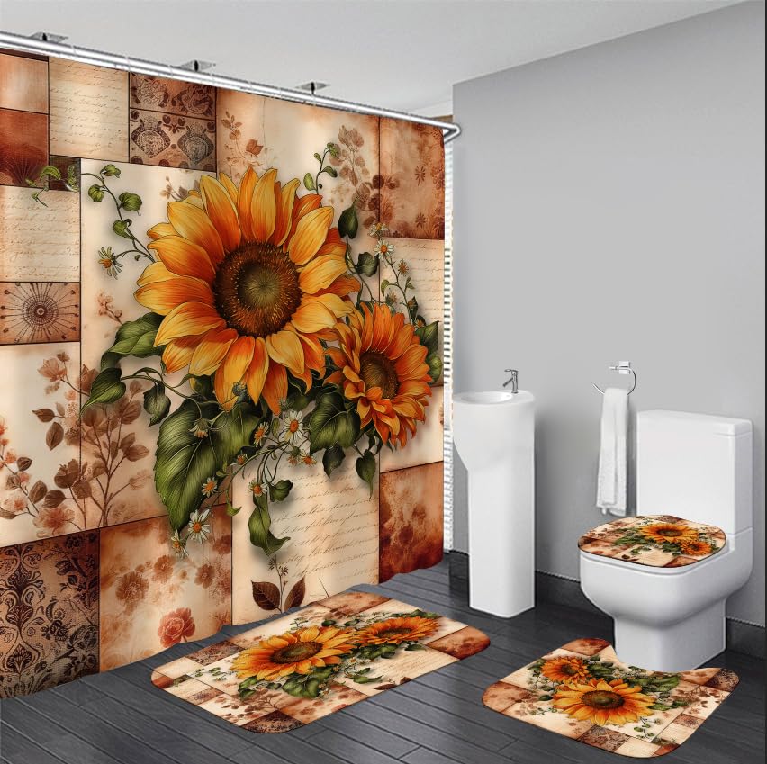 AZHM 4 Pcs Sunflower Shower Curtain Sets with Rugs for Bathroom and Toilet Rustic Flower Bathroom Decor Sets with Shower Curtain and 12 Plastic Hooks