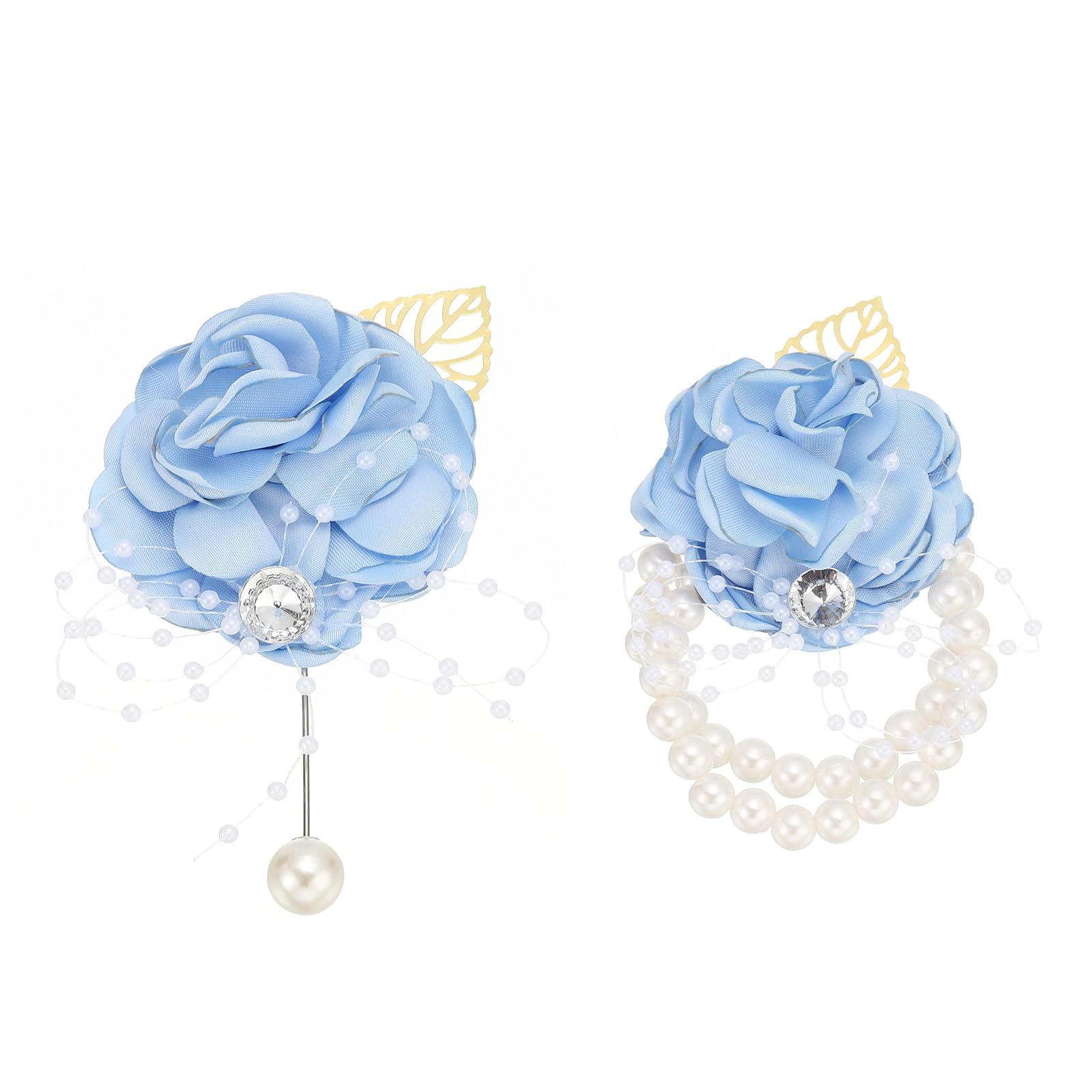 PATIKIL Pulsera de Dama de Honor con Flores de Rosa, Pulsera de Flores de Rosa Artificial para La Muñeca, Boutonniere de Pulsera de Novia para Boda Y Ceremonia, Azul Claro