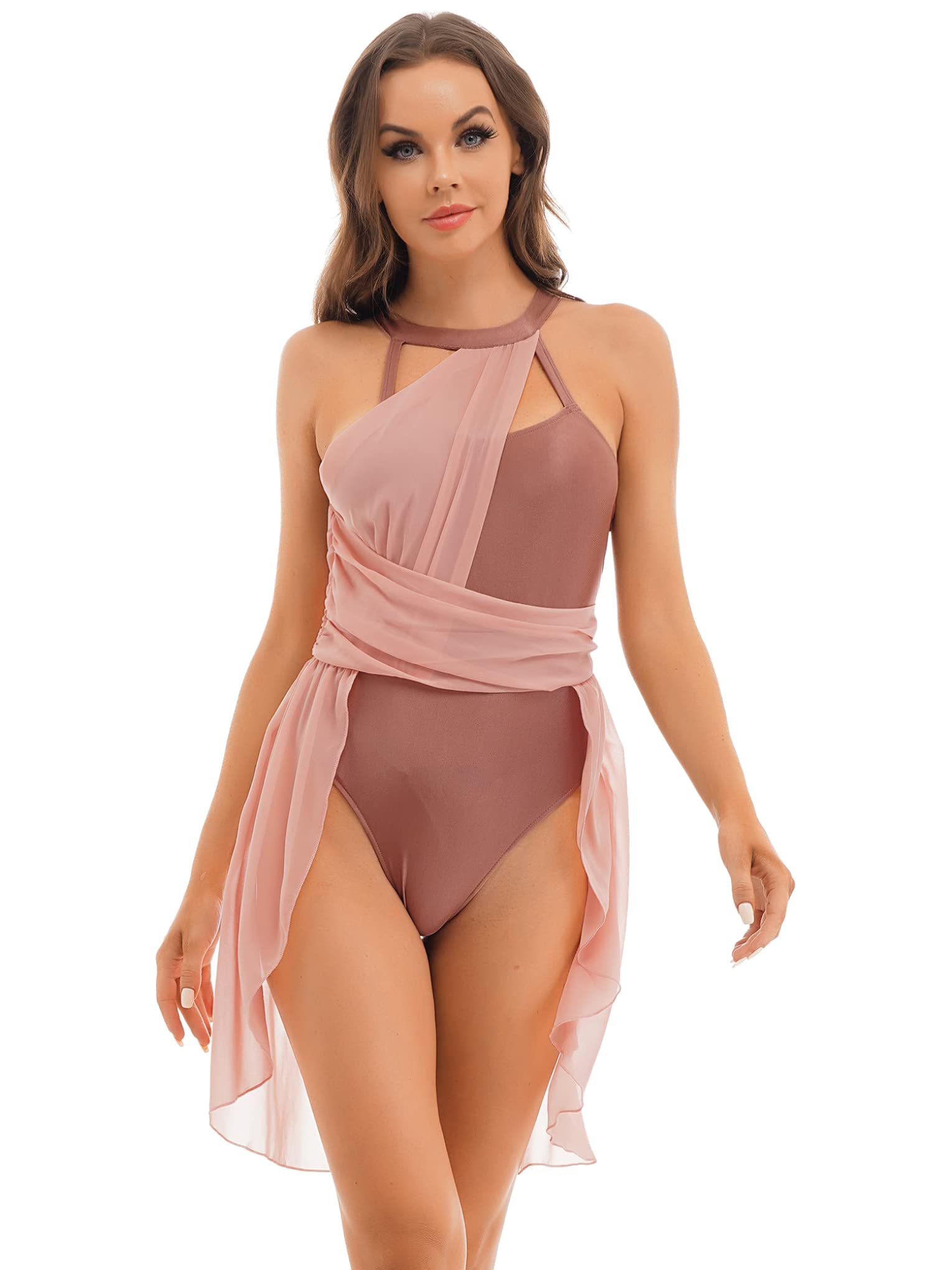 JanJean Women's Halter Neck Color Block Lyrical Dance Costume Split Hem Ballet Modern Dance Dress Leotard Apricot Medium