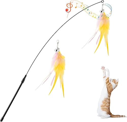 Miniatura 13 de Pawaboo Juguete de plumas para gatos, varita de plumas interactiva, atrapa gatos con plumas voladoras con varita extra larga de 34.5 pulgadas