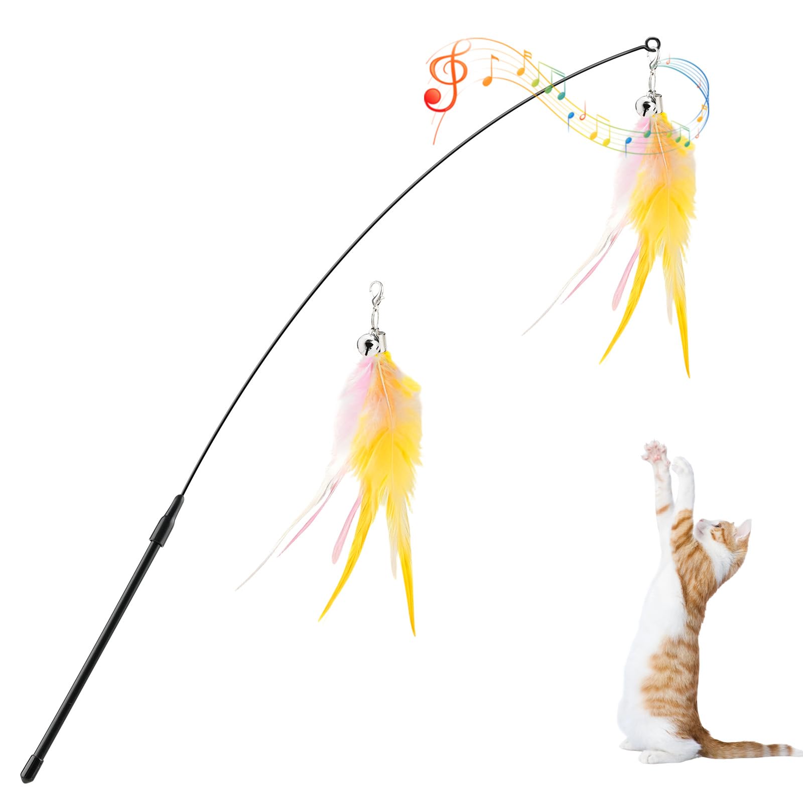 Pawaboo Feather Teaser Cat Toy, Interactive Feather Wand Cats Toy Flying Feathers Cat Catcher with Extra Long 34.5" Wand and Small Bell, Exerciser Playing Toys for Kitten or Cats, Pink+White+Yellow โ image 1