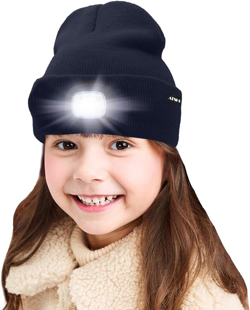 ATNKE Kids LED Lighted Beanie Cap, USB Rechargeable 4 LED Headlamp Waterproof Winter Warmer Knit Night Hats with Light for Boys Girls