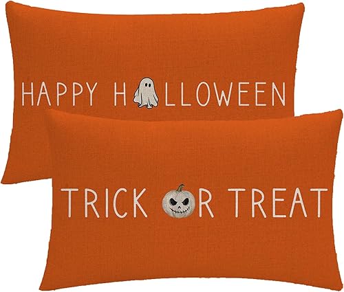 Paquete de 2 fundas de almohada de Halloween naranja fantasma calabaza truco o trato rectangularfunda de cojín de cintura para Halloween,