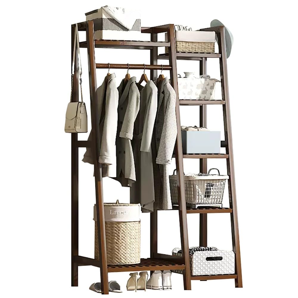 XDLEDMKIZ Bamboo Coat Rack with Top Shelf Hanging Rod and Shoe Rack Freestanding Clothes Rail and Wardrobe Closet for Bedroom and Hallway
