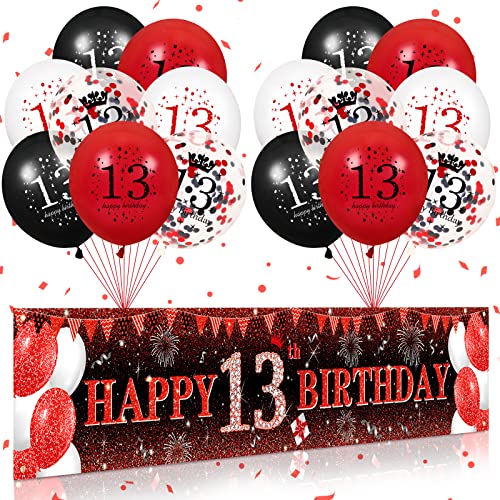 RUMIA Red 13th Birthday Decorations for Boys Girls, Red Black Glitter 13th Birthday Banner Yard Sign and 16Pcs Red Black 13th Birthday Latex Balloons for 13th Birthday Anniversary Party Supplies
