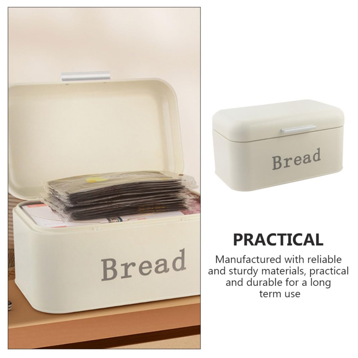 Caja de Pan de Metal con Tapa Abatible, Color Blanco Crema, para Encimera de Cocina, Contenedor Doméstico Resistente y Estable, Recipiente Multiusos para Almacenamiento