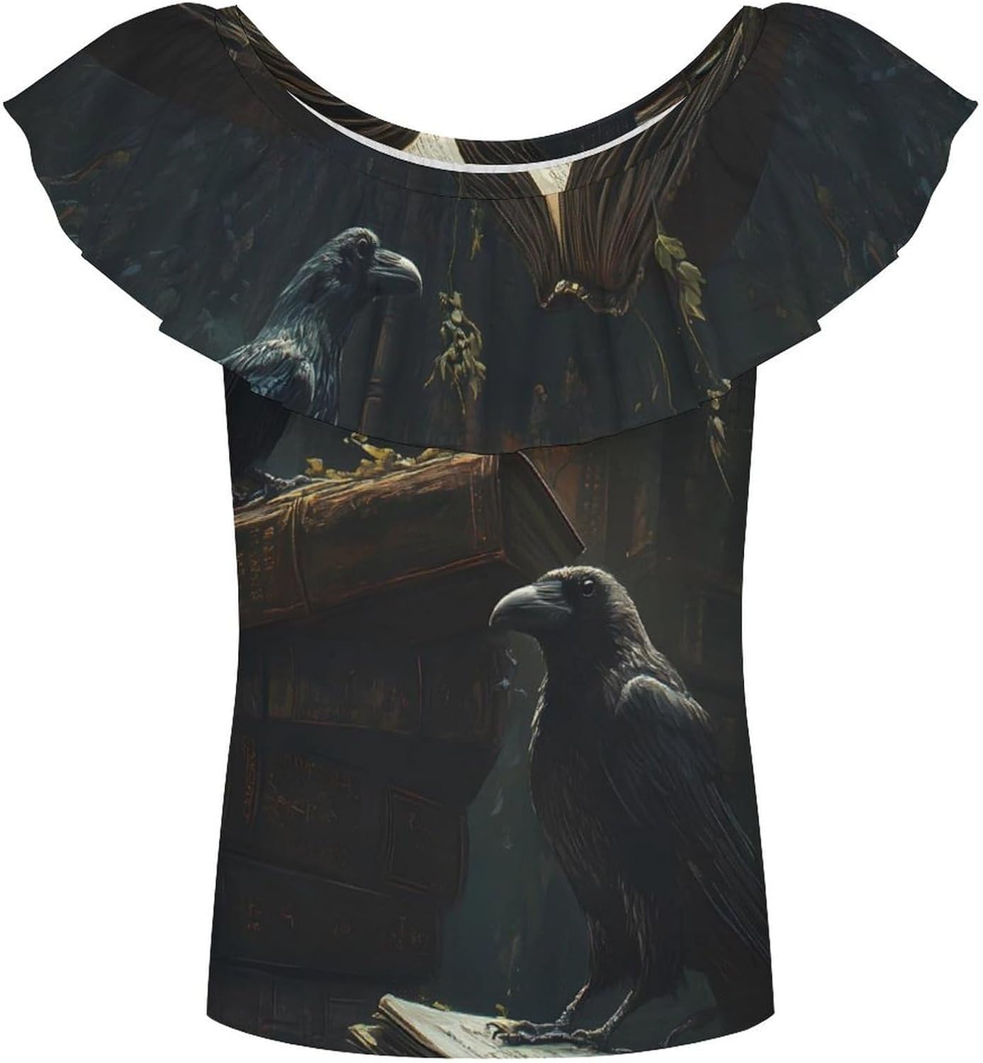 Raven Bird Magic Book Girls T-Shirts Top Ruffle Short Sleeve Blouse Casual Graphic Tees
