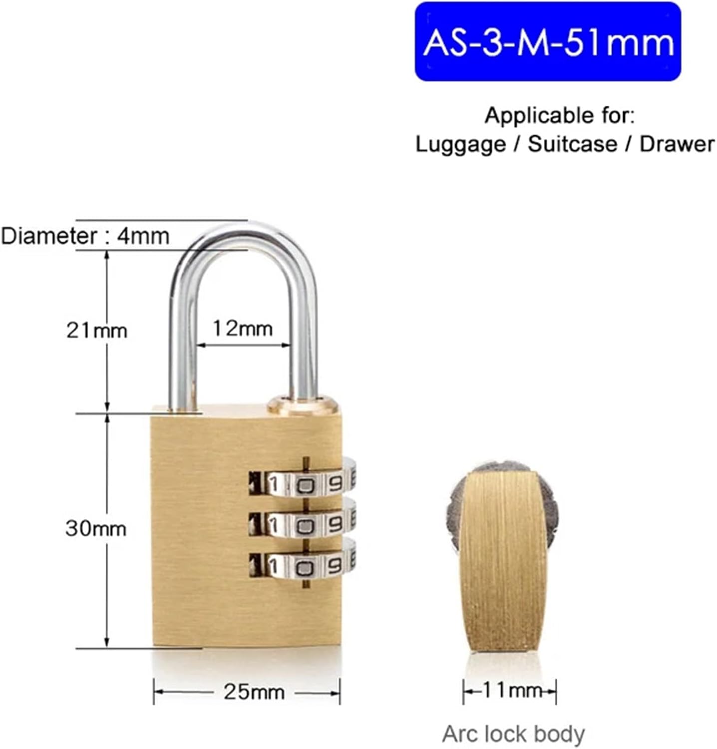 Solid Brass Copper Security Padlock Password Combination Code Lock for Gym Digital Locker Suitcase Drawer Lock Hardware 1Pcs(AS-3-M-51)