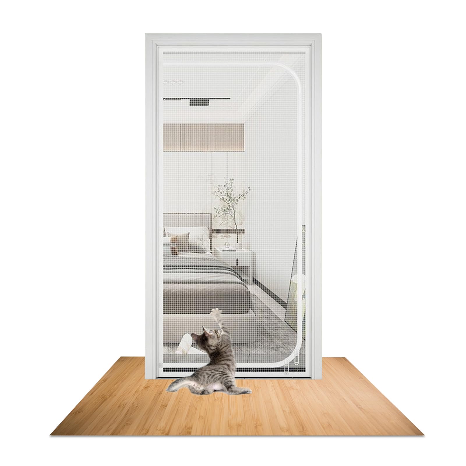 Griglia per porta del balcone, per cani ispessiti, con chiusura lampo, per evitare che il gatto fuoriesca, per soggiorno, camera da letto (bianco, 90 x 200 cm)