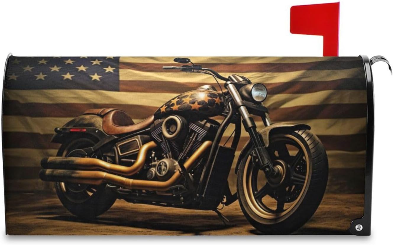 Magnetic Mailbox Covers - Vintage Motorcycle Flag Standard Size 18x21 Inches for Garden Yard Outdoor - Easy to Install Mailbox Wraps for Post Letter Box