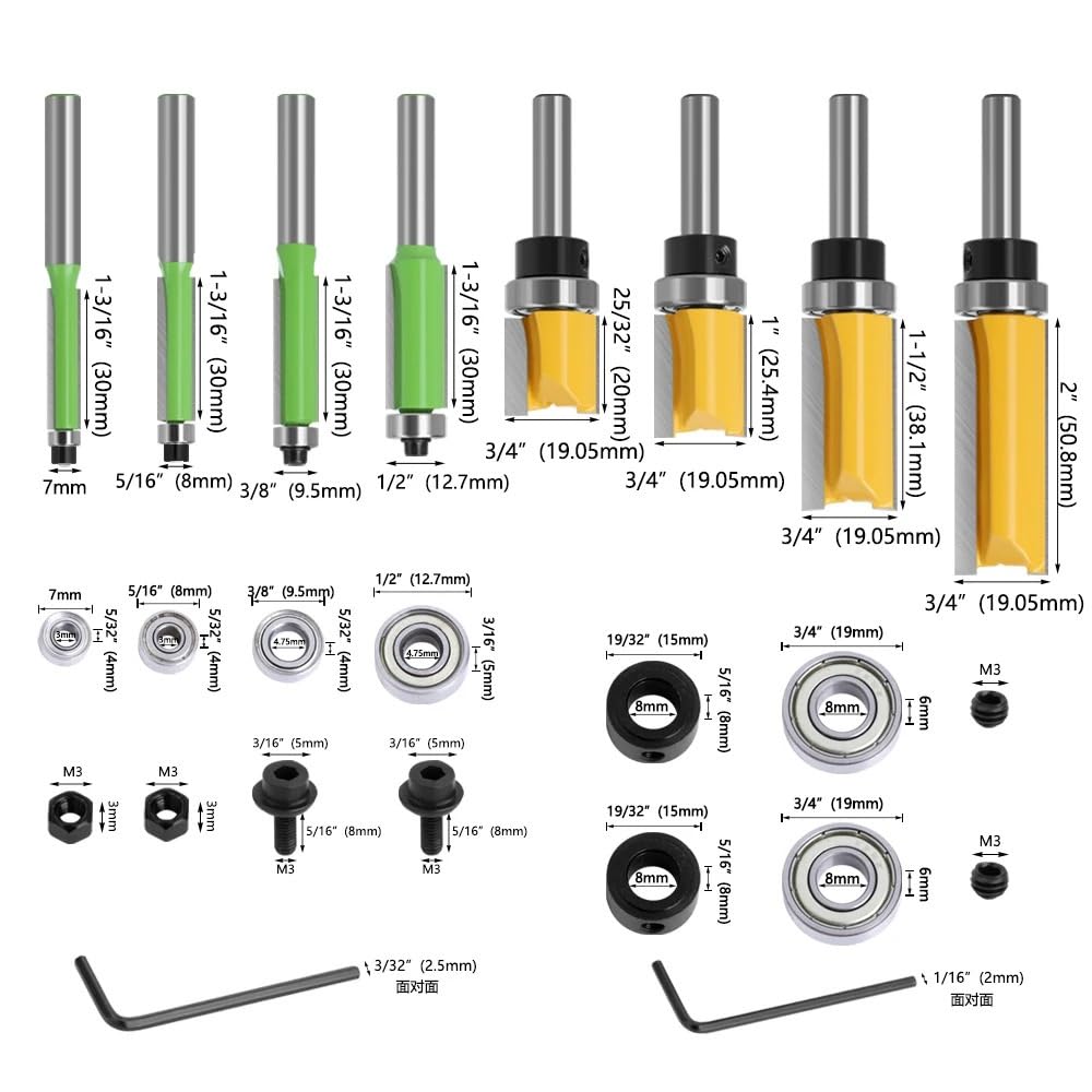16 sztuk 8mm Shank Router Bit z zestawem łożysk wzór Flush Trim Router Bit Emplate frez do drewna frez trzpieniowy do obróbki drewna