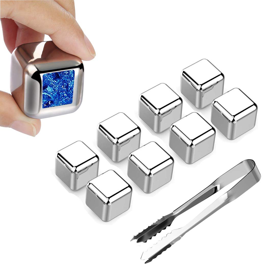 Vakania 8 Pcs Stainless Steel Reusable Ice Cubes, Metal Whiskey Stones, Whiskey Rocks Chilling Stones with Tongs for Wine Non-diluting Cooling Vodka, Whiskey, Beer, Wine, Beverage (8)