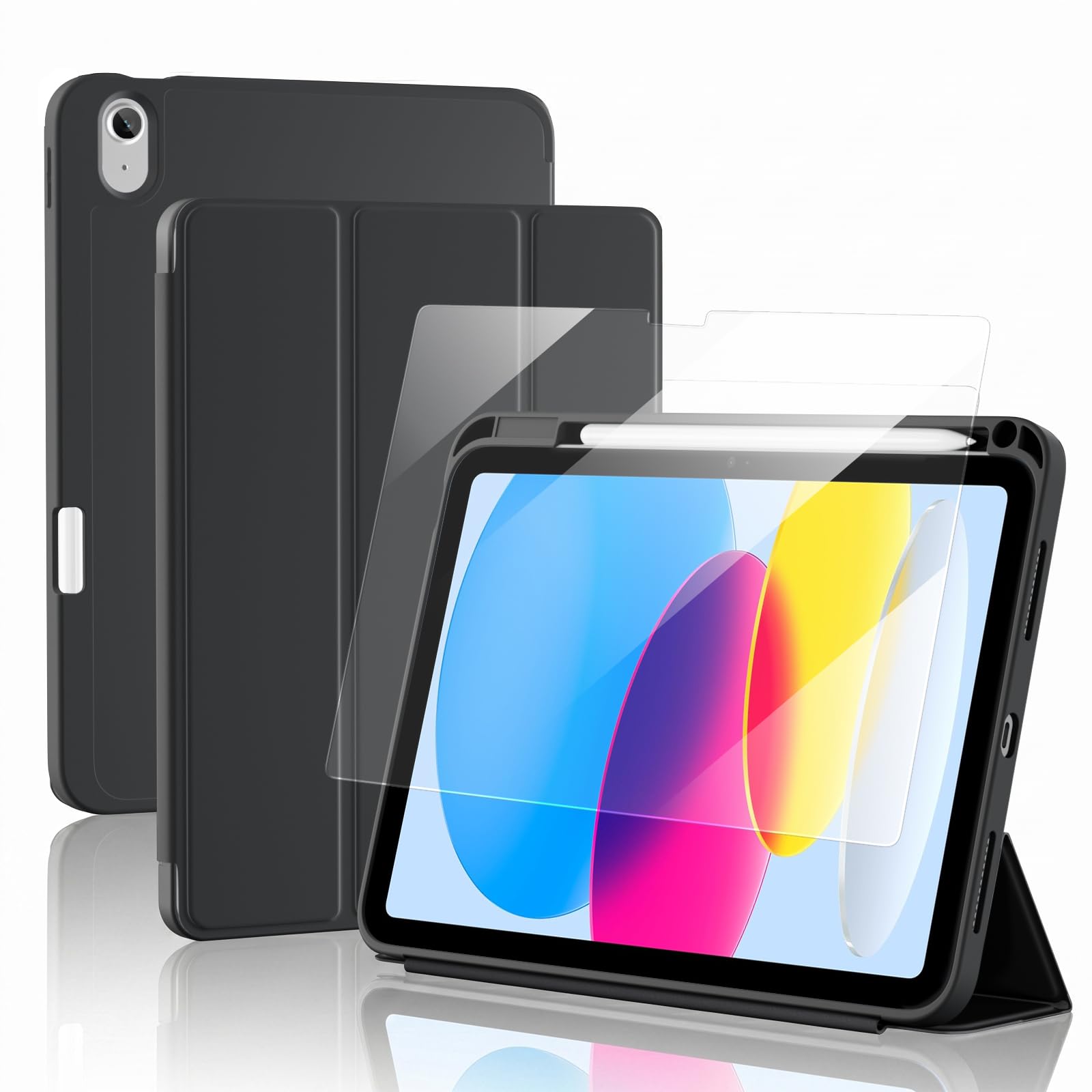 ProCase Smart Case+Screen Protector for iPad (A16) 11/10th Gen, Black | Shockproof Stand Case with Pencil Holder, Auto Wake/Sleep, Fits 2025 iPad 11th Gen (A16-Chip) 11" & 2022 iPad 10th Gen 10.9"