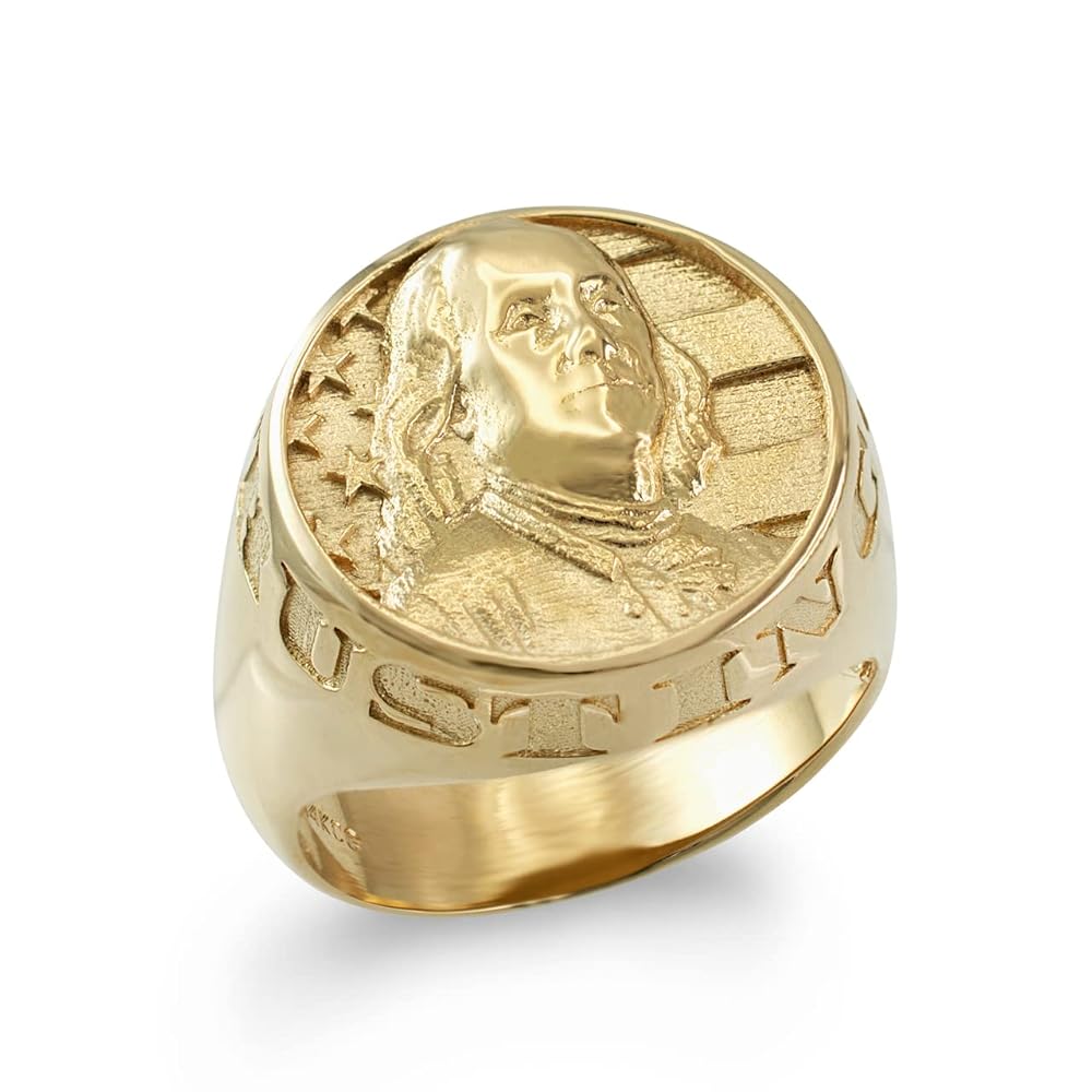 LA BLINGZ 10K Yellow Gold Benjamin Franklin Mens Signet Ring