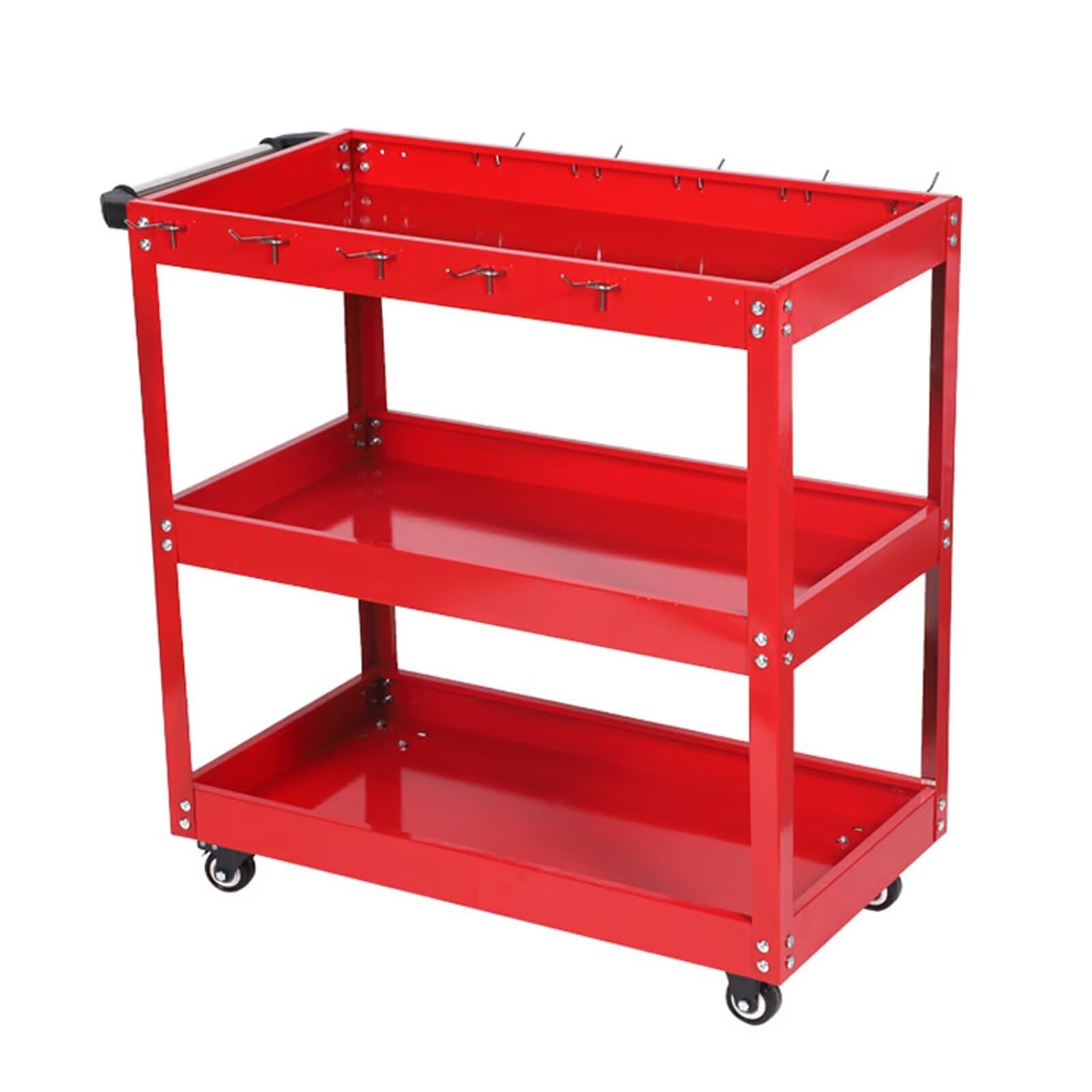 Carrello Portautensili Officina a 3 Ripiani Bordi Alti e 4 Rotelle Girevoli Per Bagno Cucina Camera da letto Soggiorno (28X14X28in) rosso