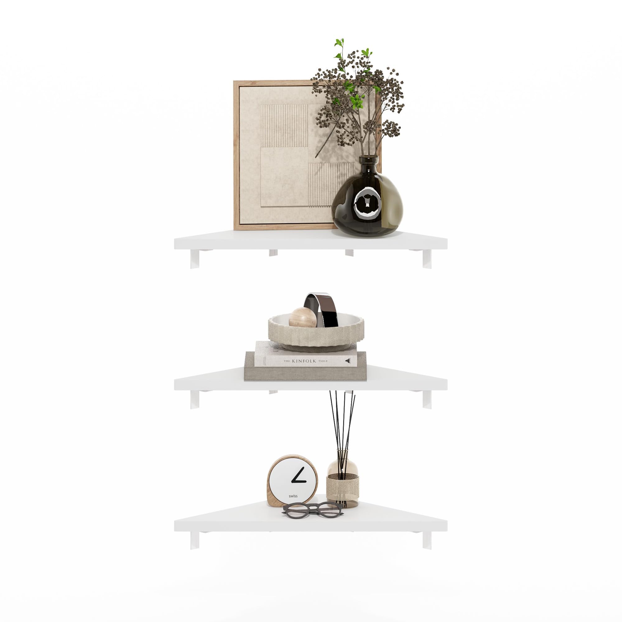 Furinno Rossi Triangle Corner Floating Shelves, Wall Mount Display Shelf, White, Set of 3
