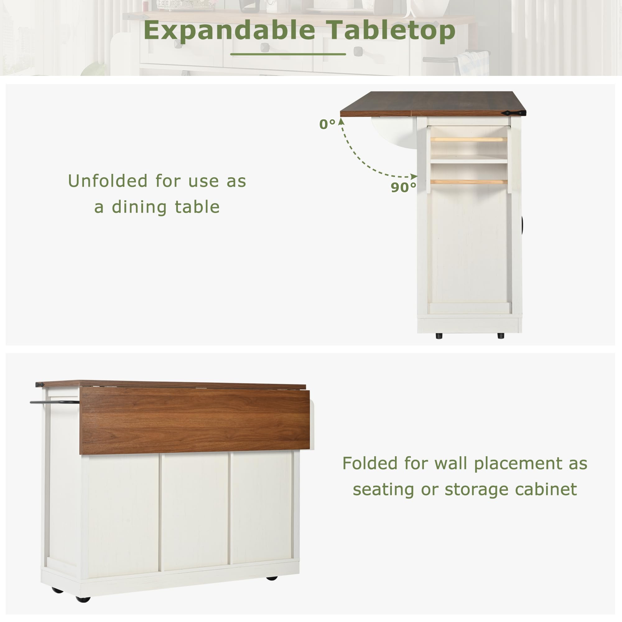 Merax Carrello per isola da cucina con piano di lavoro estraibile, carrello da cucina su ruote con 2 ante scorrevoli e 3 cassetti, armadietto da cucina mobile da cucina, 140 x 45 (73) x 94 cm, bianco