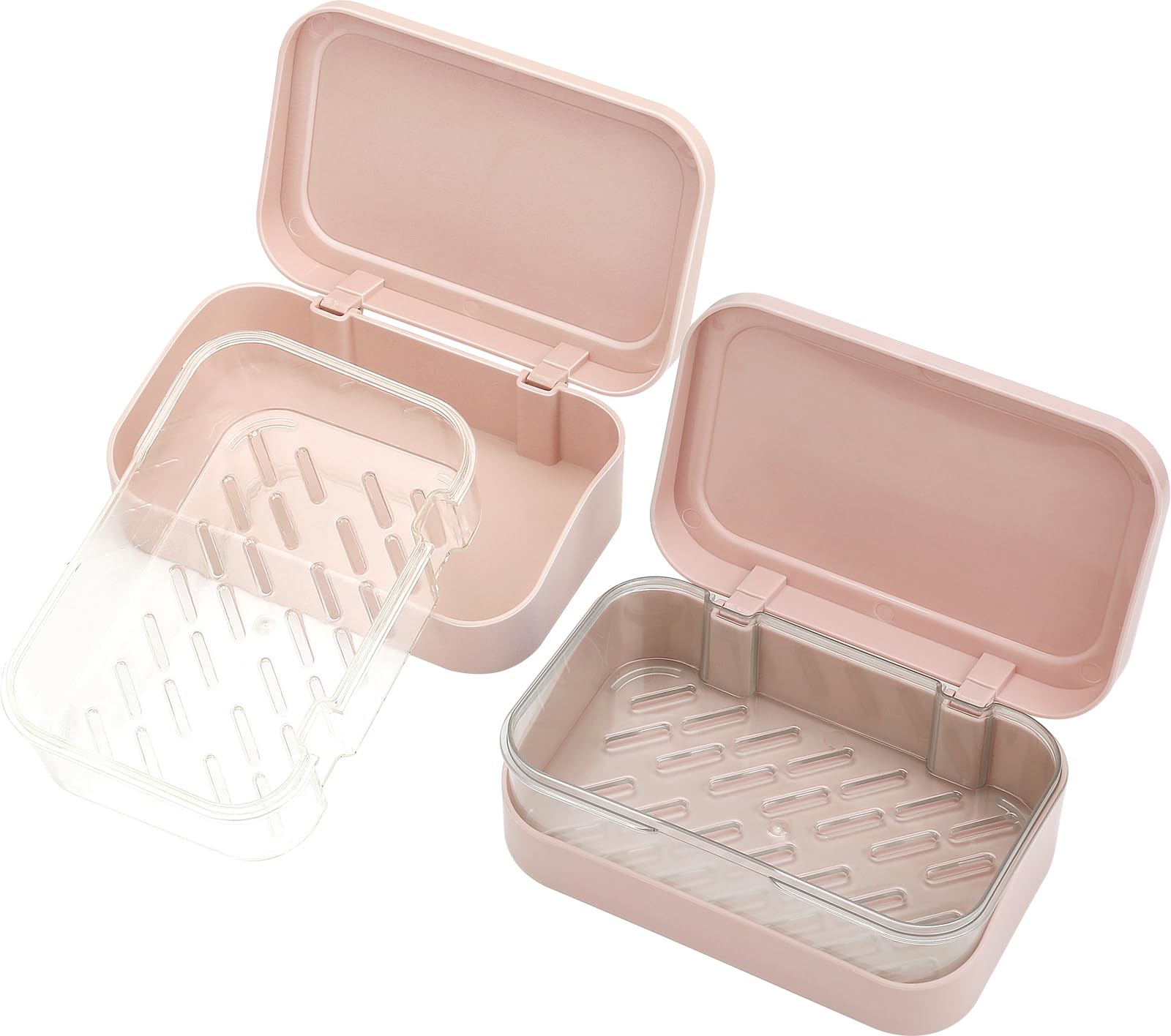 Double Draining Soap Dish with Lid, SAISN Bathroom Soap Holder 2 Pack Travel Bar Soap Case Detachable Slotted Soap Container for Traveling Plastic Soap Box with Cover for Home, Shower, Gym, Pink