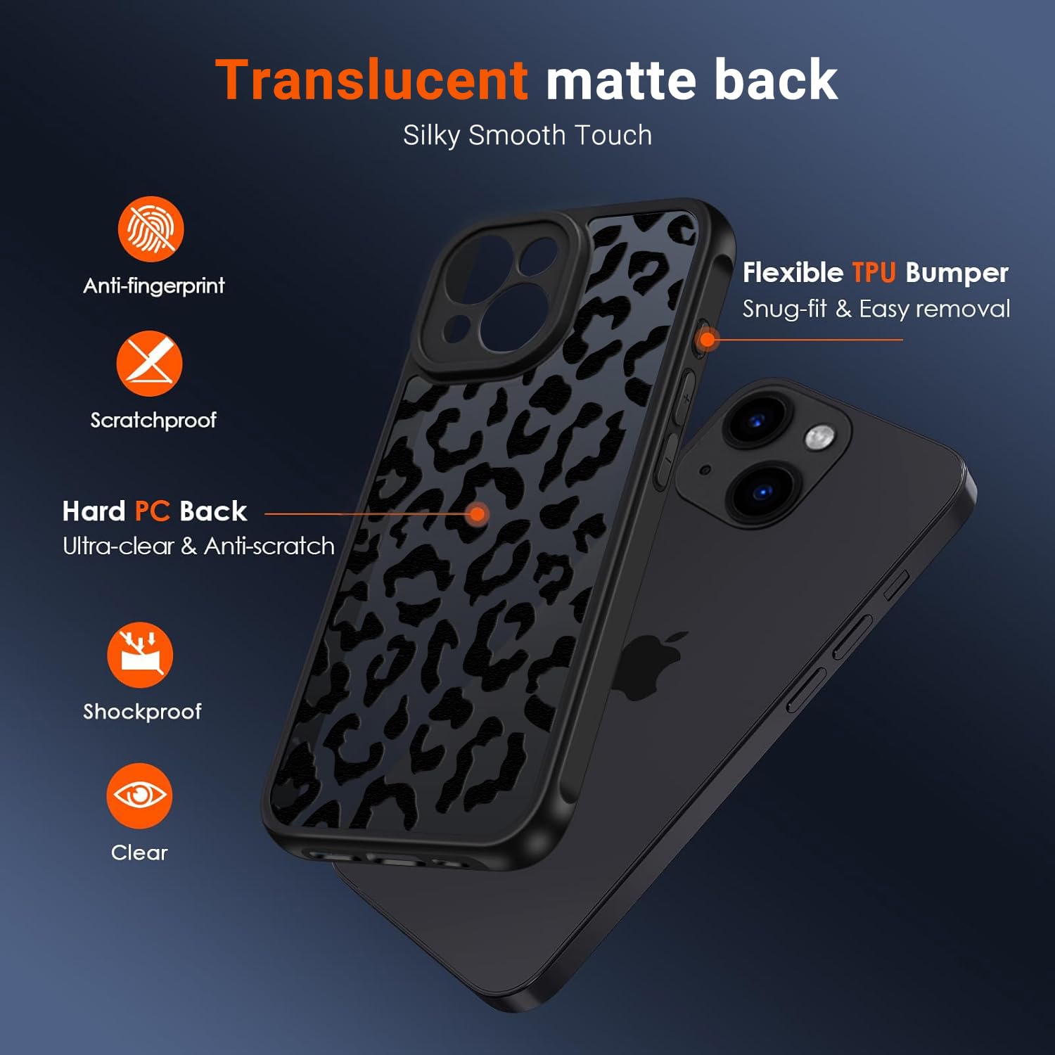 Coqinen Cover per iPhone 15, Custodia Traslucida Opaca Case con Moda Leopardata Aesthetic Motivo, Sottile Antiurto PC + TPU Bumper Protettiva, Nero