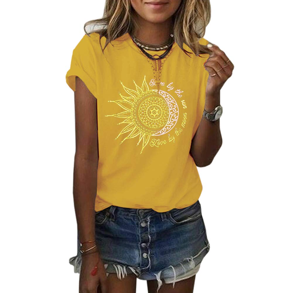 MaQiYaWomens Graphic Tees Summer Vintage Short Sleeve Cotton Moon and Sun Printed T Shirts Tops