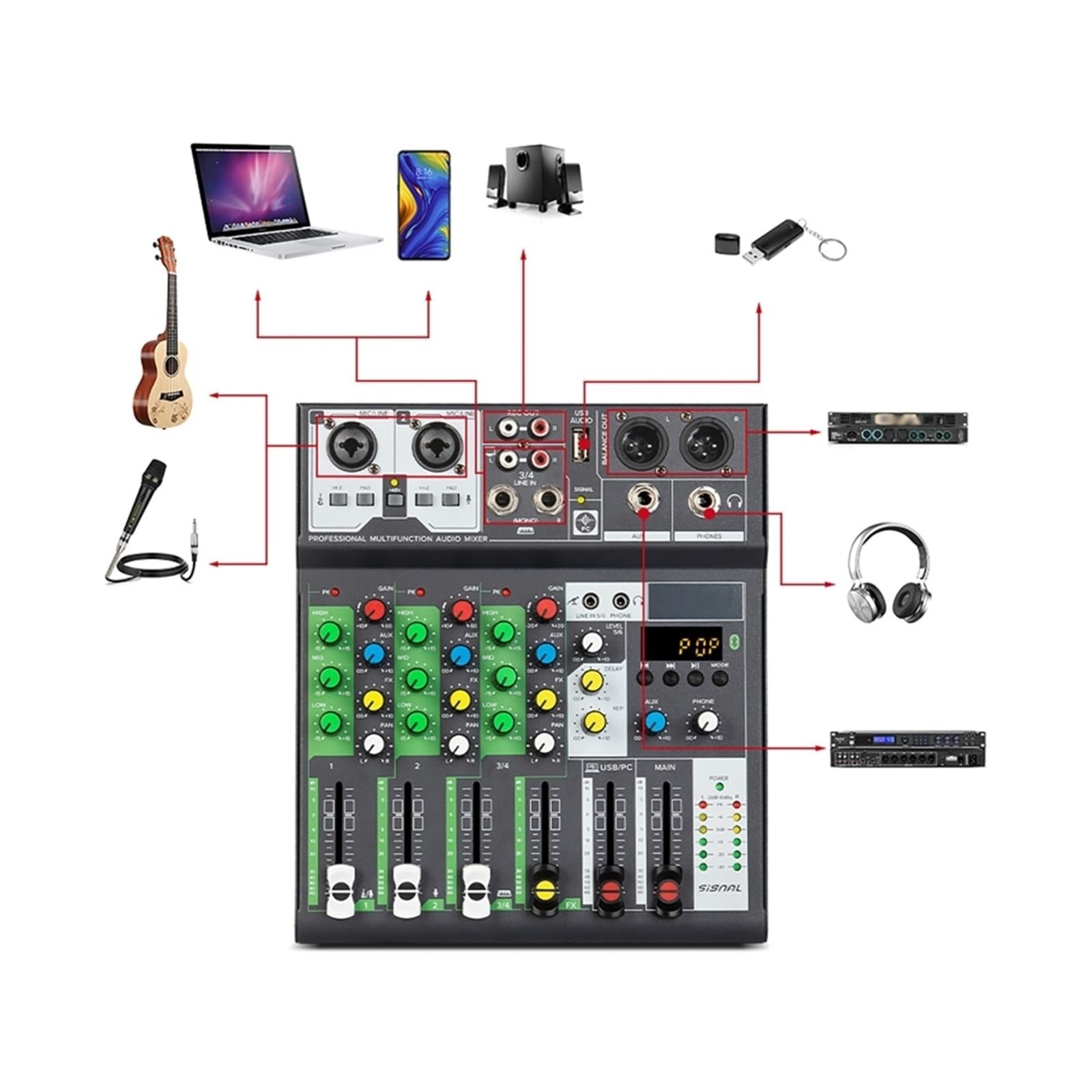 Mezclador de audio, Consola mezcladora de sonido con Bluetooth, profesional buena sensibilidad, mini DJ grabación USB Para karaoke en estudio