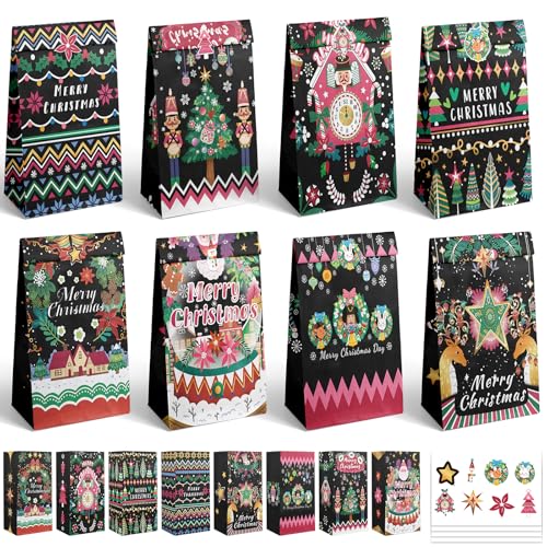 qiqee Christmas Treat Paper Bags Black Mini Xmas Party Candy Goodie Snack Bags (32Pcs Stickers 5"x3"x9.5")