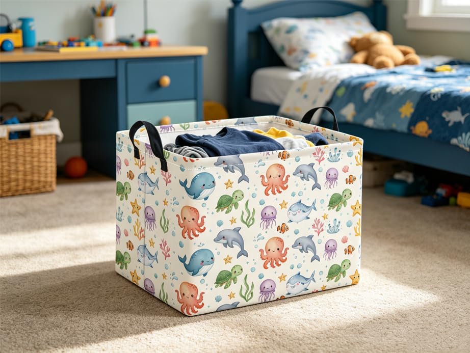Image of Rectangular Baby Kids Storage Basket for Home Kitchen Girls Cute Toy Storage Bin Organizer Shelf Book Room Decor(Cute Ocean)
