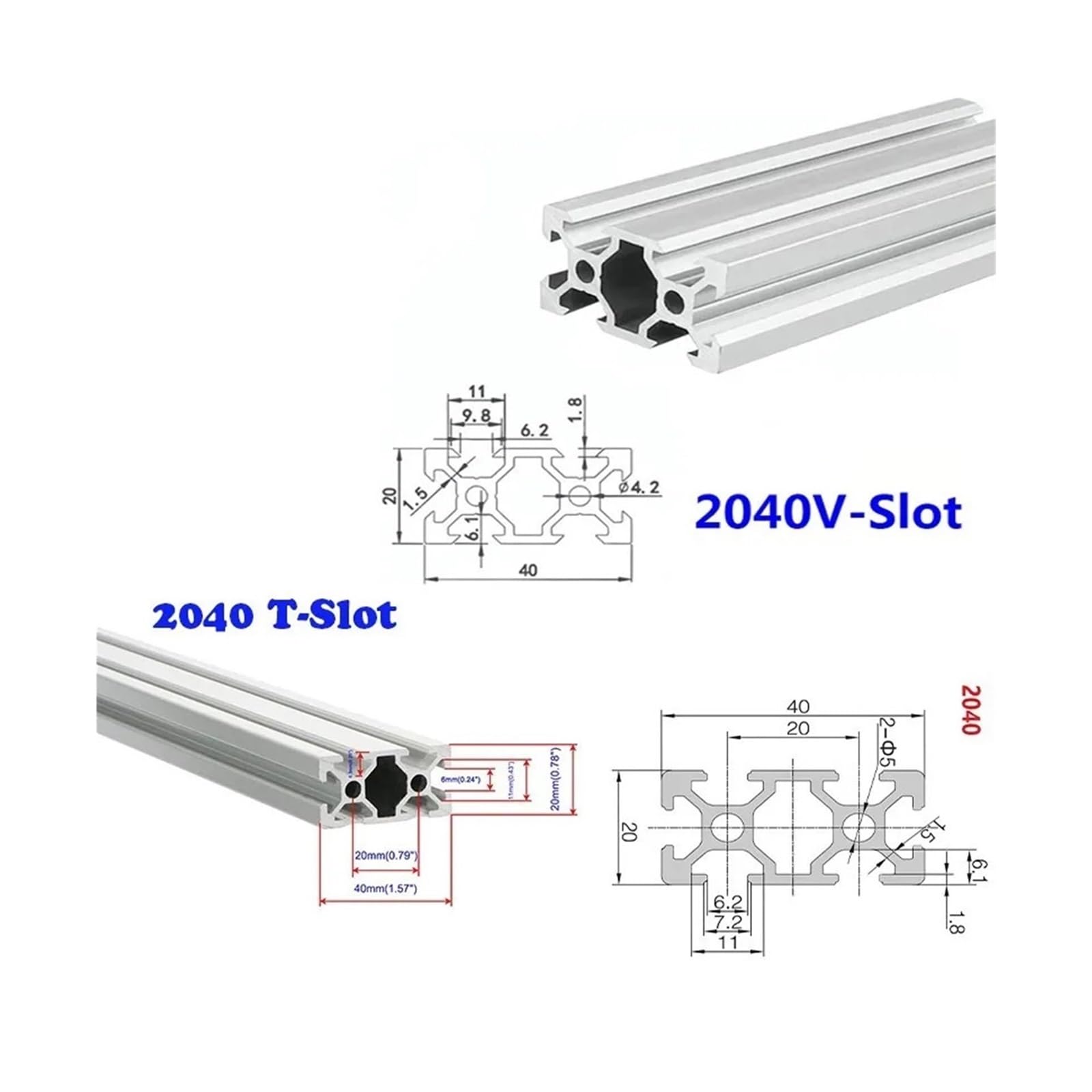 Extrusión de perfil aluminio con ranura 2040 T/V, 2 uds., 100mm a 1000mm, extrusión 20x40mm for piezas impresora 3D CNC(Sliver-2040,520mm)